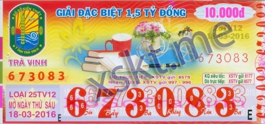 Mẫu vé sô xổ số Trà Vinh ngày 18/3/2016