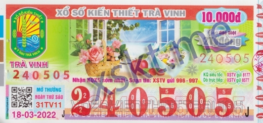 Mẫu vé sô xổ số Trà Vinh ngày 18/3/2022