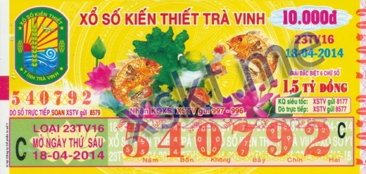 Mẫu vé sô xổ số Trà Vinh ngày 18/4/2014