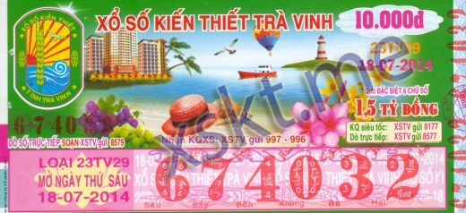 Mẫu vé sô xổ số Trà Vinh ngày 18/7/2014