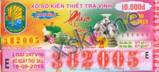 Mẫu vé sô xổ số Trà Vinh ngày 18/9/2015