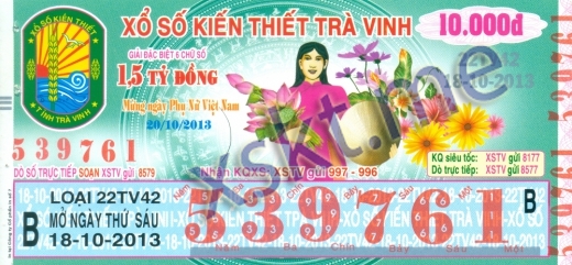 Mẫu vé sô xổ số Trà Vinh ngày 18/10/2013
