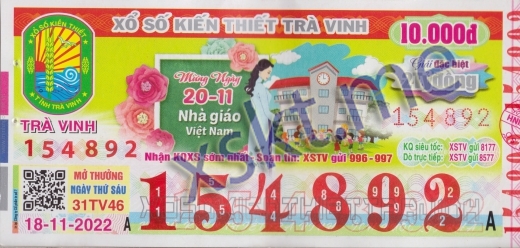 Mẫu vé sô xổ số Trà Vinh ngày 18/11/2022