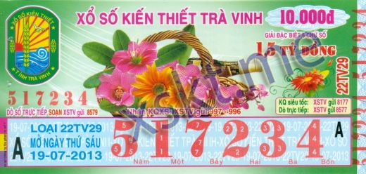 Mẫu vé sô xổ số Trà Vinh ngày 19/7/2013