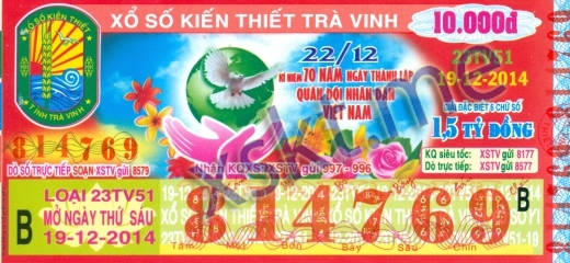 Mẫu vé sô xổ số Trà Vinh ngày 19/12/2014