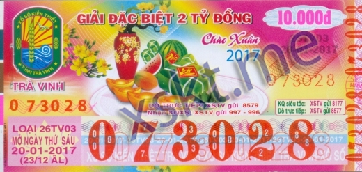Mẫu vé sô xổ số Trà Vinh ngày 20/1/2017