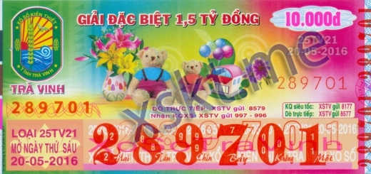 Mẫu vé sô xổ số Trà Vinh ngày 20/5/2016