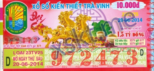 Mẫu vé sô xổ số Trà Vinh ngày 20/6/2014