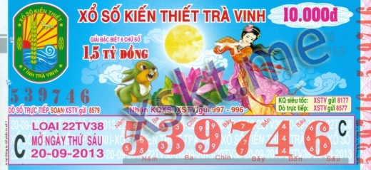 Mẫu vé sô xổ số Trà Vinh ngày 20/9/2013