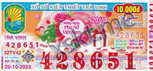 Mẫu vé sô xổ số Trà Vinh ngày 20/10/2023