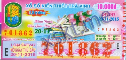 Mẫu vé sô xổ số Trà Vinh ngày 20/11/2015