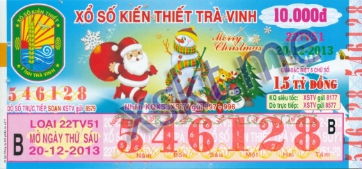 Mẫu vé sô xổ số Trà Vinh ngày 20/12/2013