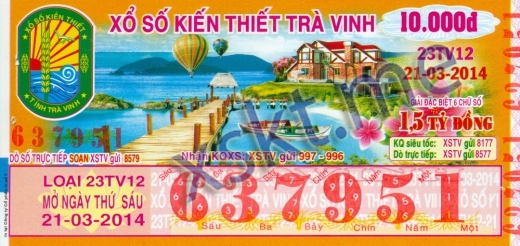 Mẫu vé sô xổ số Trà Vinh ngày 21/3/2014