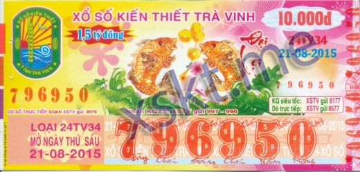 Mẫu vé sô xổ số Trà Vinh ngày 21/8/2015