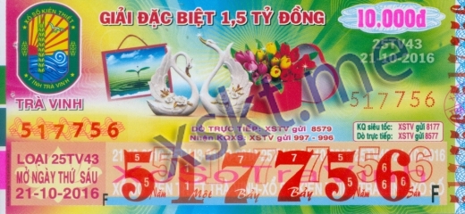 Mẫu vé sô xổ số Trà Vinh ngày 21/10/2016
