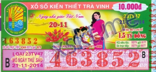 Mẫu vé sô xổ số Trà Vinh ngày 21/11/2014