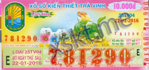 Mẫu vé sô xổ số Trà Vinh ngày 22/1/2016