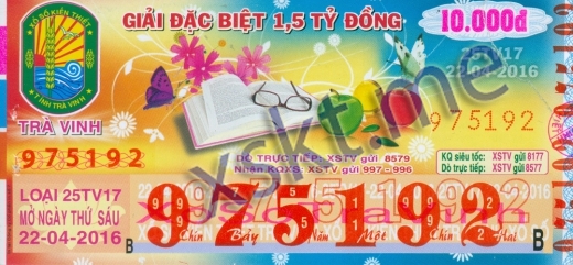Mẫu vé sô xổ số Trà Vinh ngày 22/4/2016