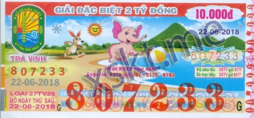 Mẫu vé sô xổ số Trà Vinh ngày 22/6/2018