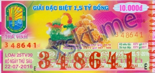 Mẫu vé sô xổ số Trà Vinh ngày 22/7/2016
