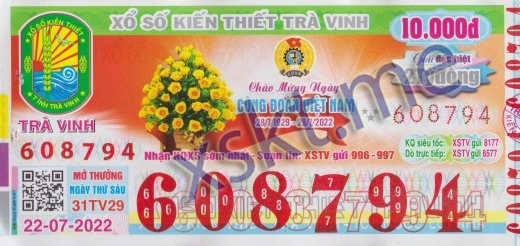 Mẫu vé sô xổ số Trà Vinh ngày 22/7/2022