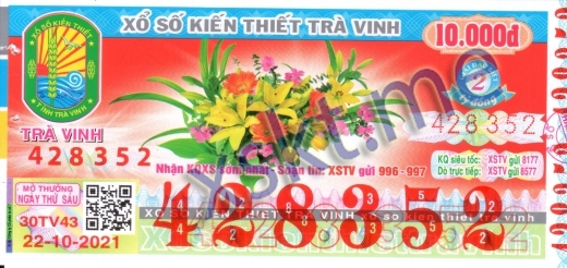Mẫu vé sô xổ số Trà Vinh ngày 22/10/2021