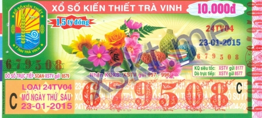 Mẫu vé sô xổ số Trà Vinh ngày 23/1/2015