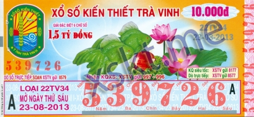 Mẫu vé sô xổ số Trà Vinh ngày 23/8/2013