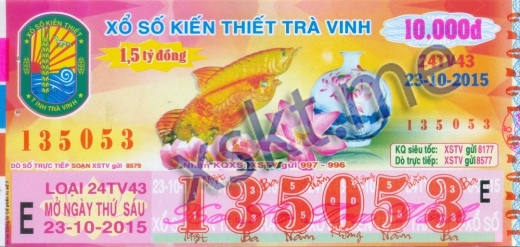Mẫu vé sô xổ số Trà Vinh ngày 23/10/2015