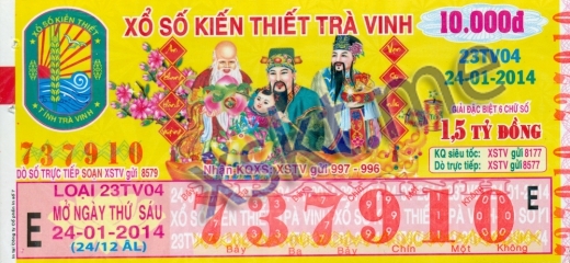 Mẫu vé sô xổ số Trà Vinh ngày 24/1/2014