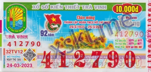 Mẫu vé sô xổ số Trà Vinh ngày 24/3/2023