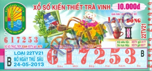 Mẫu vé sô xổ số Trà Vinh ngày 24/5/2013