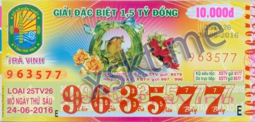 Mẫu vé sô xổ số Trà Vinh ngày 24/6/2016