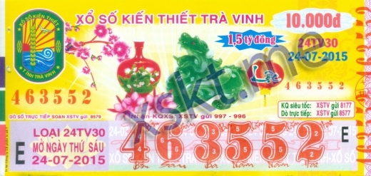 Mẫu vé sô xổ số Trà Vinh ngày 24/7/2015