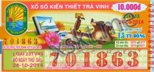 Mẫu vé sô xổ số Trà Vinh ngày 24/10/2014