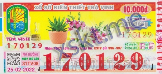 Mẫu vé sô xổ số Trà Vinh ngày 25/2/2022
