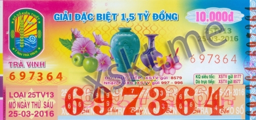 Mẫu vé sô xổ số Trà Vinh ngày 25/3/2016