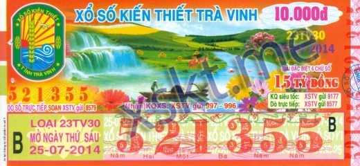 Mẫu vé sô xổ số Trà Vinh ngày 25/7/2014