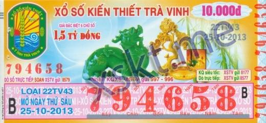 Mẫu vé sô xổ số Trà Vinh ngày 25/10/2013