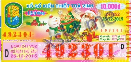 Mẫu vé sô xổ số Trà Vinh ngày 25/12/2015
