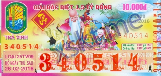 Mẫu vé sô xổ số Trà Vinh ngày 26/2/2016