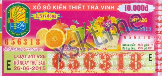 Mẫu vé sô xổ số Trà Vinh ngày 26/6/2015