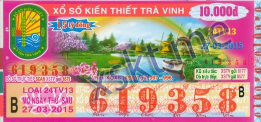 Mẫu vé sô xổ số Trà Vinh ngày 27/3/2015