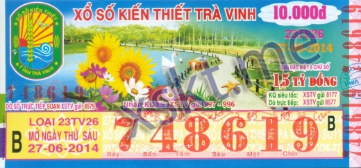 Mẫu vé sô xổ số Trà Vinh ngày 27/6/2014