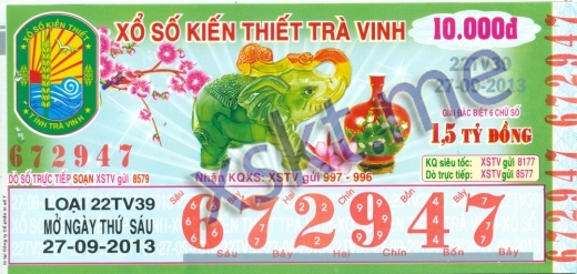 Mẫu vé sô xổ số Trà Vinh ngày 27/9/2013