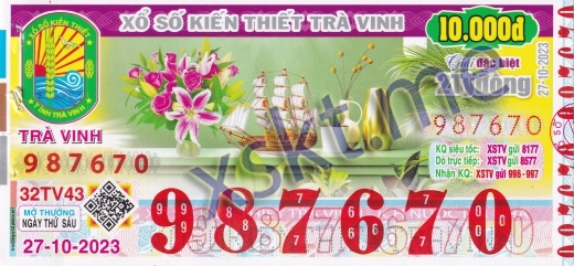 Mẫu vé sô xổ số Trà Vinh ngày 27/10/2023