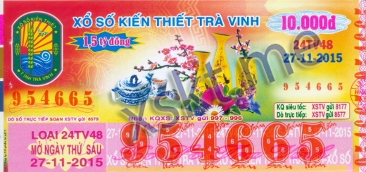 Mẫu vé sô xổ số Trà Vinh ngày 27/11/2015
