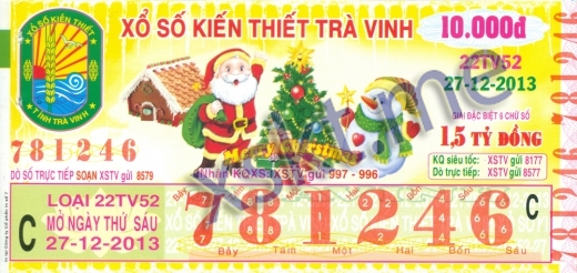 Mẫu vé sô xổ số Trà Vinh ngày 27/12/2013