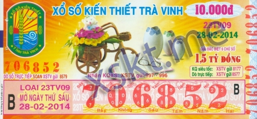 Mẫu vé sô xổ số Trà Vinh ngày 28/2/2014
