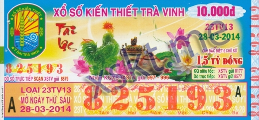 Mẫu vé sô xổ số Trà Vinh ngày 28/3/2014
